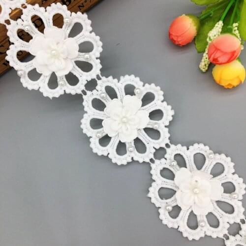 GXINUG 1 Yard Flower Pearl Embroidered Fabric Lace Ribbon Applique Handmade Embroidered DIY Lace Trim Wedding Dress Sewing Craft