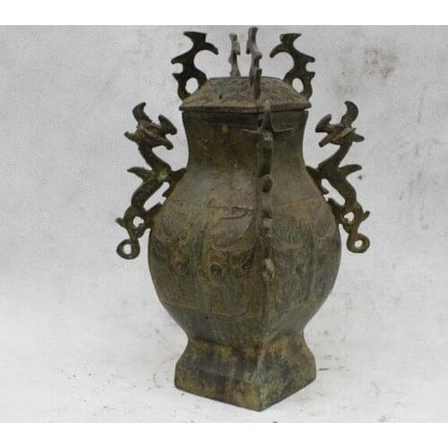Chinese Folk archaic old Copper Bronze Four Dragon Beast Bottle Pot Vase