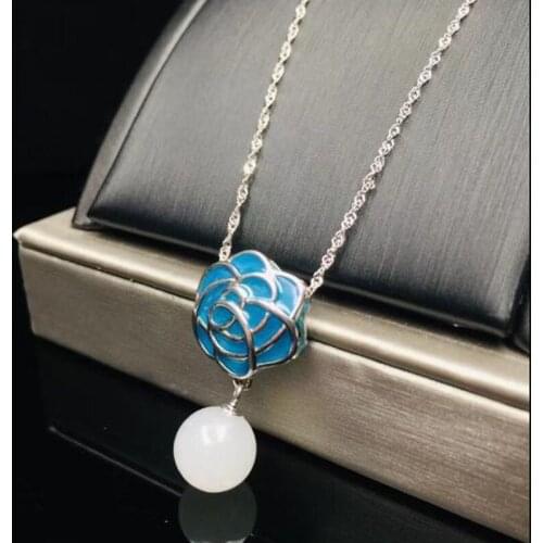 Chinese Charming Fine Jewelry 925 Silver Natural Carved Flower Jade Amulet Lucky White Pendant
