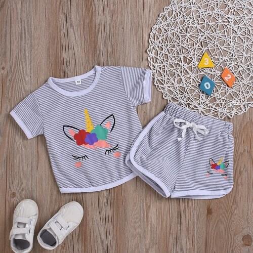 2-piece Baby / Toddler Girl Unicorn Striped Tee and Shorts Set