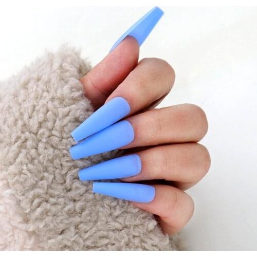 Matte Dusty BlUE Long Coffins 100pcs Azure Fake Nails Manicure DIY Beauty Women Nail art Designs