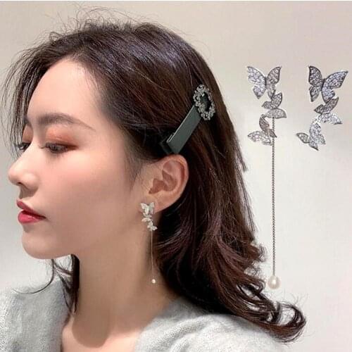 Fashion Women 3-Butterfly Rhinestone Asymmetric Dangle Stud Earrings Jewelry