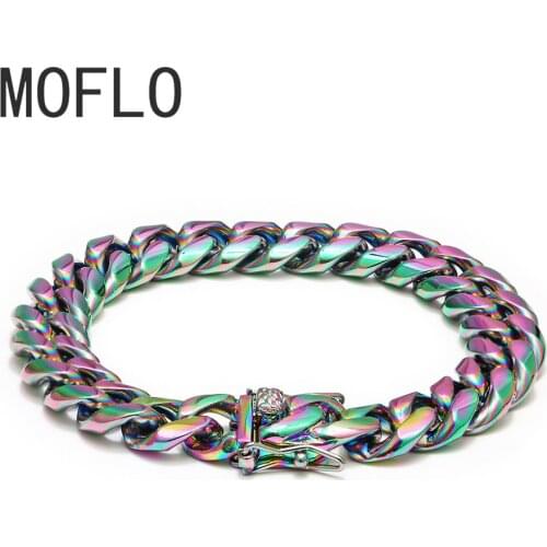 MOFLO Rainbow Color Mens Hiphop Stainless Steel Cuban Chain Jewelry Cuban Link Chain 12MM Colorful Cuban Bracelet