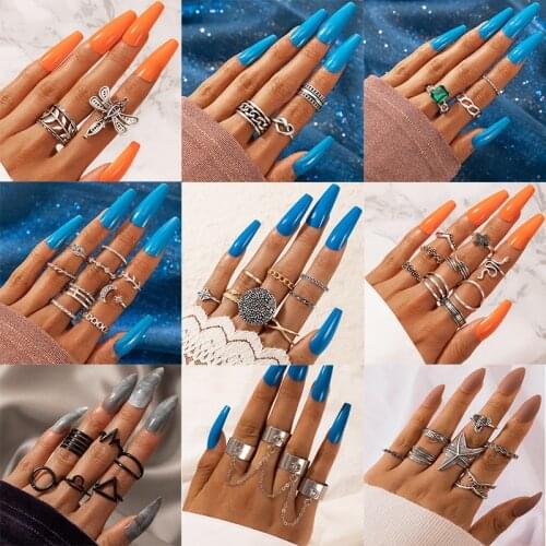 ZV New Variety Ethnic Finger Ring Set For Women Bohemia Rings Jewelry Hollow Geometric Circlet Valentine Gift Silver Color Hoop