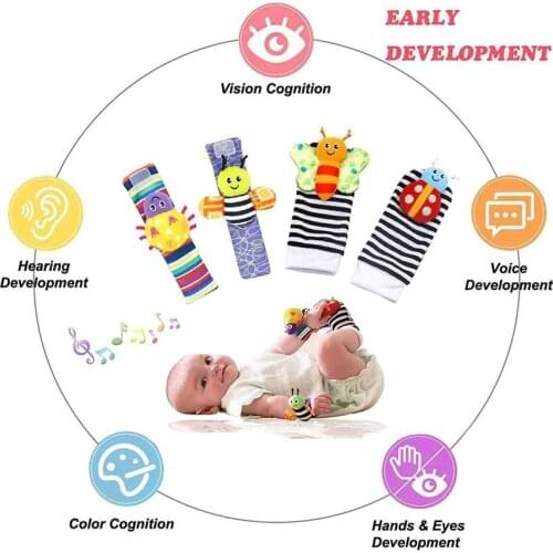 0~24 Months Baby Rattles Soft Plush Toys 4 Piece Foot Wrist Rattle Set Cartoon Newborn Development Educational Toys For Children