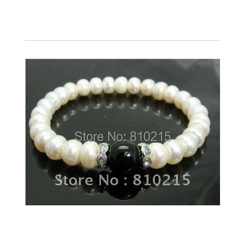 Lovely AA 7-8MM White Natural Freshwater Pearl & Black Agate Jewelry 7.5inch Pearl Bracelet Fashion Jewelry New Free Shipping