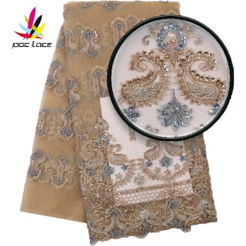 Luxury African Lace Fabrics Handmade Beads Lace Bridal Lace Materials with Beads for Wedding Party Dresses Beaded Lace XZ2919B-2