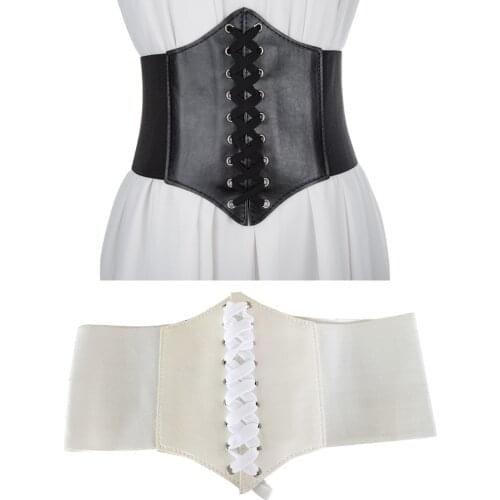 Sexy Womens Corset Wide Belt PU Leather Waist Slimming Belts Women Vintage Corset Elastic High Waist Belts White Shirt Corset