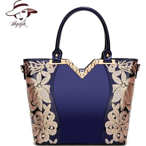 SHYOJO 2021 Patent Leather Women Totes Handbag Women Bags Luxury Brand High Quality Designer Large Flowers Shoulder Hand Bag