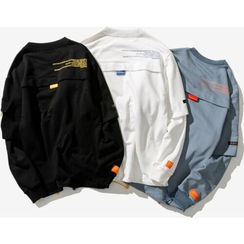 Cotton Fake Two Pieces Printed Mens Sweatshirts Patch Designs Streetwear Mens Hoodies Male Loose Casual Round neck Hoodie