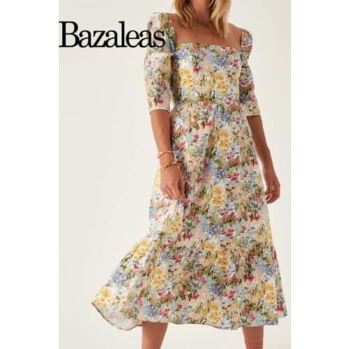 Yellow Floral Print Square Neck Dress France Chiffon Vestido Fashion Short Sleeve Midi Dresses