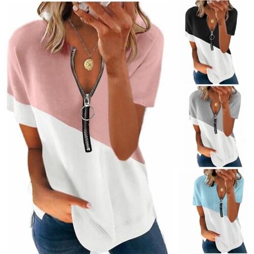 Women Patchwork T-shirt V Neck Zipper Design Tee Casual Loose Short Sleeve Top Summer Fashion Sexy Plus Size Clothing Female