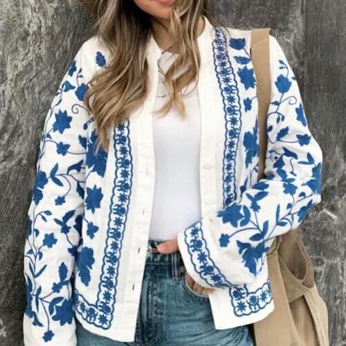 Shirt V-Neck Long Sleeve Single-breasted Floral Embroidery Women Blouse for Daiting Harajuku style