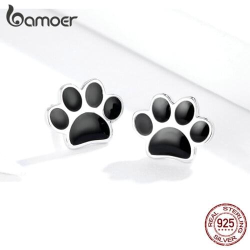 BAMOER 925 Sterling Silver Animal Dog Cat Paw Stud Earrings for Women Footprints Valentines Day Gift