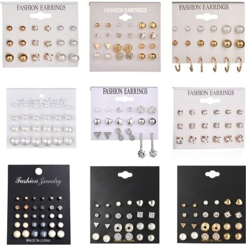 Fashion 12 pair/set Geometric Rhinestone Crystal Stud Earrings for Women Simulated Pearl Flower Piercing Earring Set Accessories