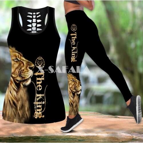 The King Tiger Skin/Lion Animal Two Piece Yoga Set Women 3D Print Hollow Out Tank Top High Waist Legging Summer Casual Sport-1