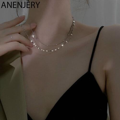 ANENJERY 925 Sterling Silver Double Layer Cross Star Necklace for Women Punk Hip Hop Choker Korean Jewelry