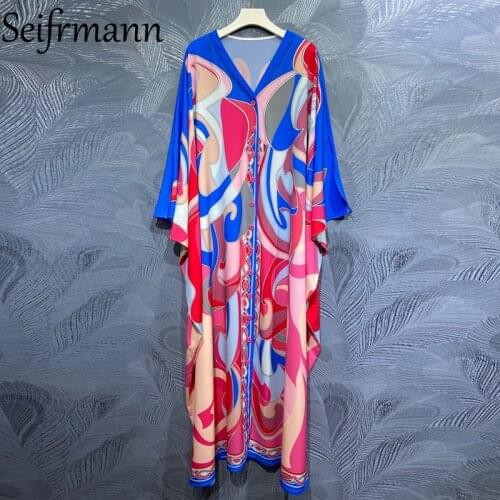 Seifrmann New 2021 Summer Women Fashion Designer Maxi Dress Batwing Sleeve Single Breasted Print Loose Holiday Robe Long Dresses