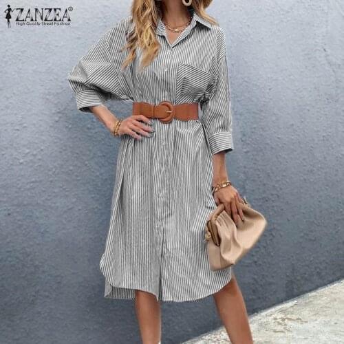 Womens Striped Print Vestidos 2021 Autumn Lapel OL Robe Femme Female Fashion Elegant Dresses Oversized ZANZEA Midi Shirt Dress
