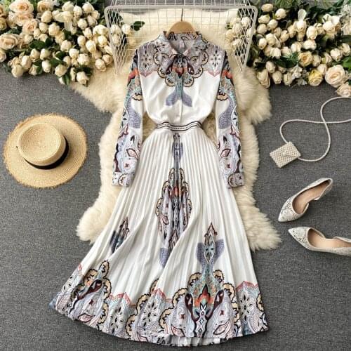 Vintage Print Womens Spring Dresses Stylish Long Sleeve Turn-down Collar Slimming Waist Pleated Dress 2021 Casual Vestidos