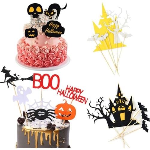 2 Sets Halloween Decor Cake Topper Pumpkin Bat Spider Witch Ghost Paper Cupcake Toppers Bar Party Supplies Cake Decoration Tool