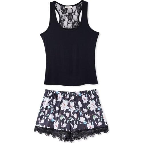 Black Fashion Casual Sleeveless Tank Tops Hot Shorts Sleepwear Pajamas Sets For Women Loose Night Lace Splice 2pcs Home Clothes