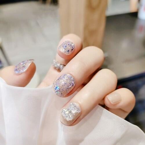 24pcs flash 3D Little Bear Fake Nails Glue Type Removable Short Paragraph Fashion Manicure DIY Nail Art Decoration For Manicures