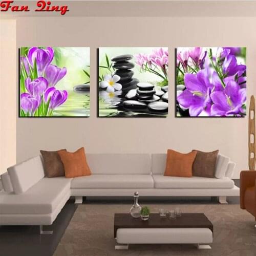 3pcs 5d diy diamond painting black stone, orchid full square round Rhinestone 3d Diamond embroidery mosaic cross stitch set