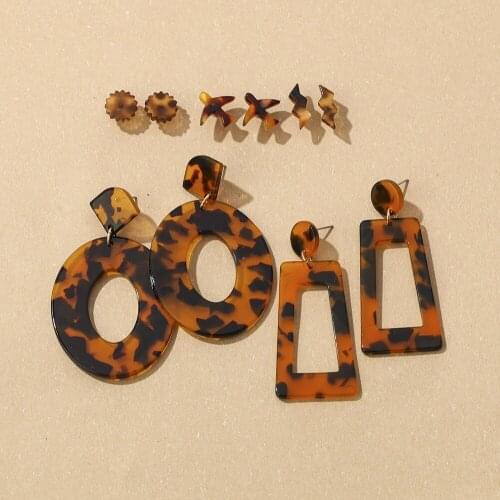 5Pairs/Set Women Fashion Earrings Leopard Print Versatile Earrings Irregular Geometry Earrings Star Plane Small Stud Set