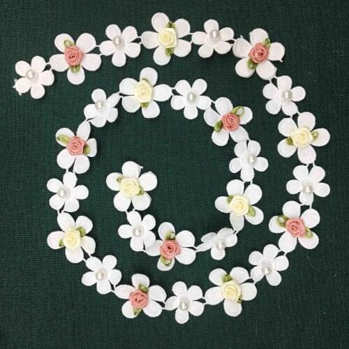 50X 3D Colourful Pearl Rose Flower French Lace Trim Fabric Ribbon Embroidered Wedding Dress Applique Garment DIY Sewing Craft