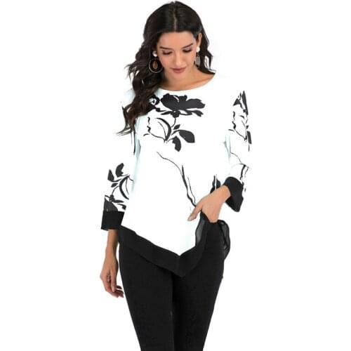 5XL Plus Size 2021 Spring New Women 3/4 Sleeve O-neck Floral Print Loose Irregular Blouses Shirts Casual Tops Shirts Blusas