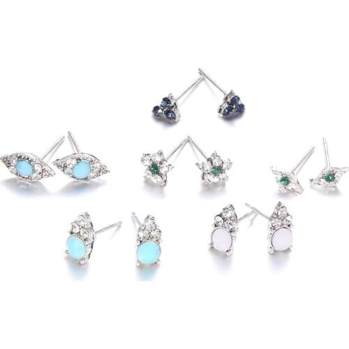 6pcs /set New Earings Fashion Jewelry Rhinestone Flowers Devils Eye Earrings For Women Stud Earrings Brincos Wholesale