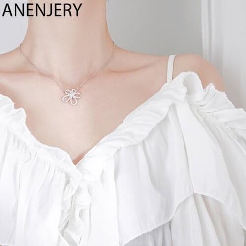ANENJERY 925 Sterling Silver New Fashion Hollow Zircon Flower Charm Necklace for Women Party Jewelry Gifts Wholesale S-N690