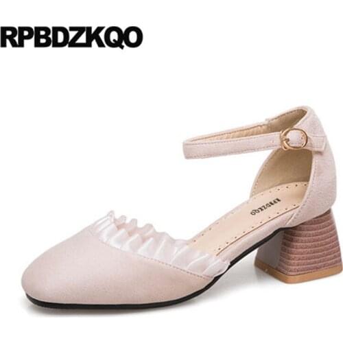 Beige 11 43 Sweet Lolita Shoes Plus Size Square Toe Suede 33 Medium Heels Pumps Korean 10 42 High Ladies Thick Ankle Strap Cute