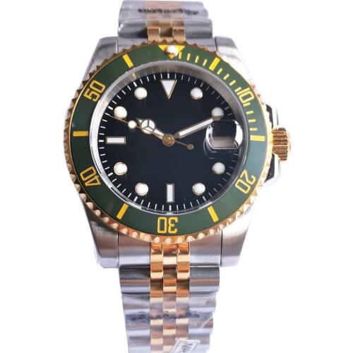 Gold Plated 40mm Sapphire Mens Automatic Watch Japan NH35 Black Sterile Dial Date Cyclops two-tone Jubilee bracelet Bliger