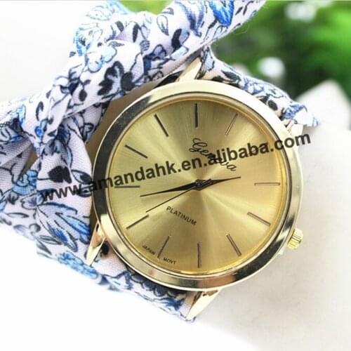 Womens Geneva Floral Allover Cloth Scarf Band Quartz Analog Wrist Watch Fashion Women Dress Fabric Watch Sweet Girls Watches