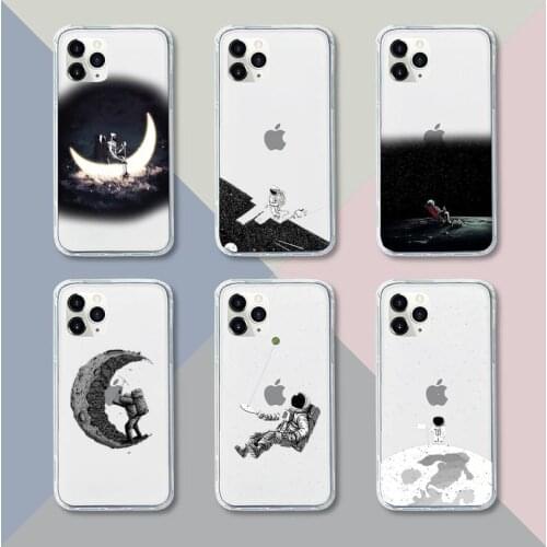 Black White Moon Stars Space Astronaut Phone Case Transparent For iPhone 13 12 11 pro mini XS XR X max 5 6 s 7 8 plus Soft bags