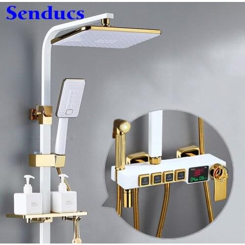 Hot Cold Digital Shower System White Gold Bathroom Thermostatic Shower Set Solid Brass Bathtub Mixer Faucets Digital Shower Set