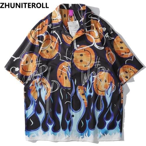 2021 Smile Blue Fire Flame Print Hawaiian Beach Shirts Hip Hop Button Shirt Mens Fashion Short Sleeve Holiday Party Blouse Tops