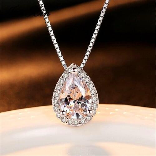 JUNXIN Female Teardrop Stone Pendant Necklaces For Women White Gold Filled Pear Zircon Crystal Clavicle Necklace Wedding Jewelry