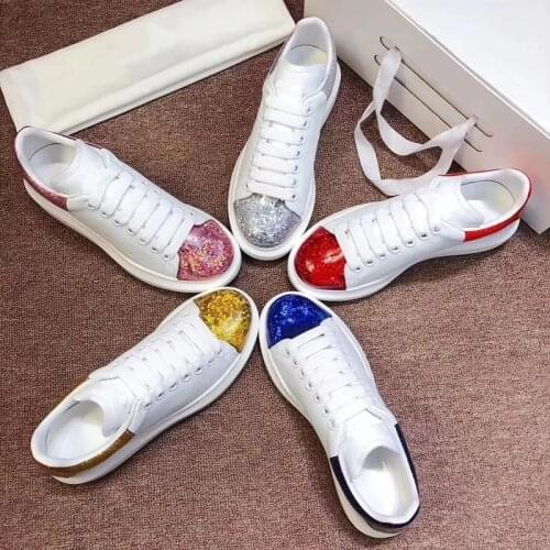 Bling Bling Women Sneakers Fashion Mixed Color Genuine Leather Women Casual Shoes Platform Wdges Lace Up White Shoes Trainers