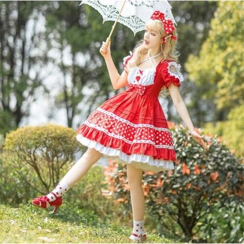 Lolita Red Strawberry Bow Layers Stitching High Waist Lolita Dress Summer Short Sleeve Dress D814