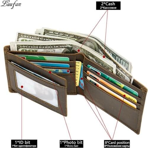 Luufan Genuine Cow Leather Short Wallet For Man Clutch Purse Small Coin Pocket Card Holder Male Money bag Brown