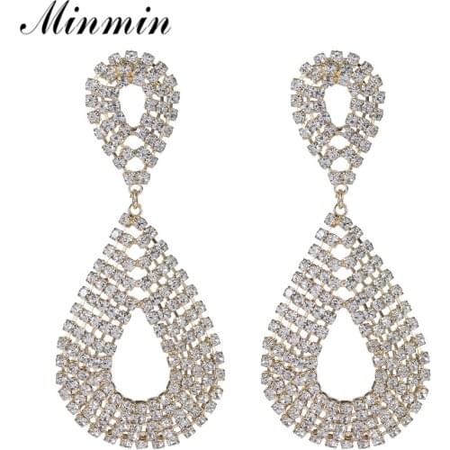 Minmin Gold Sparkling Rhinestone Wedding Drop Earrings Women Teardrop Hanging Long Earrings Bridal Prom Jewelry MEH1691