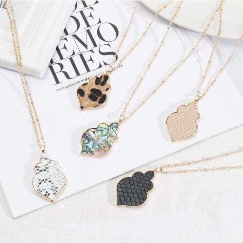 Fashion Abalone Shell Paper Leopard Snakeskin Woven Pattern Pendant Necklace Long Chain Sweater Dress Necklace Geometric Jewelry