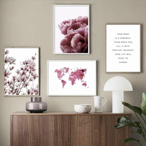 Tulip Magnolia Pink World Map Wall Art Canvas Painting Nordic Posters And Prints Flower Wall Pictures For Living Room Home Decor
