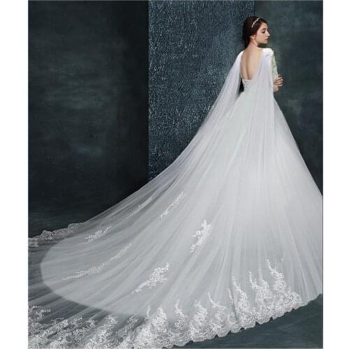 New Design Bridal Wedding Shawl Cloaks Cape Lace Jacket Wraps White Ivory Veils Shoulder Shrug Cathedral Train 3/5 Meters Long