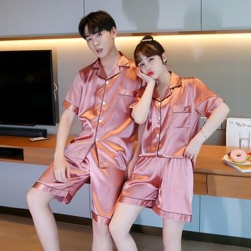 Summer Couples Matching Pajamas For Women Men Women Short-sleeved Pyjama Loose Faux Silk Lovers Pijama Set Sleepwear Top+Shorts