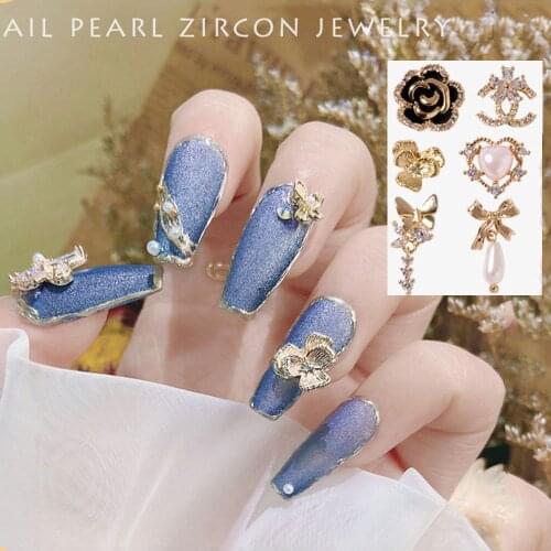 Luxury 3D Bow Flower Chain Pendant Metal Zircon Crystals Rhinestones Pearl Nail Art Jewelry Decorations Nails Accessories Charms