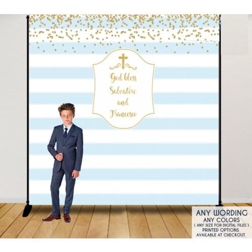 Custom first communion repeat blue and white striped gold polka dot background High quality Computer print party backdrops